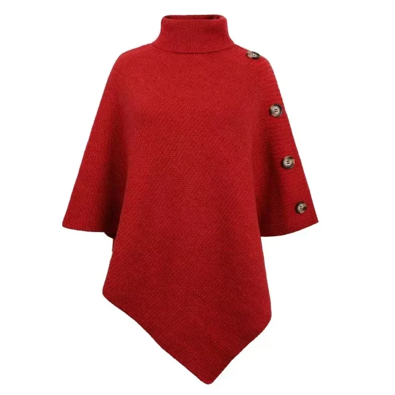 2025 Autumn Winter Shawl Cloak Sweater Solid Color Turtleneck Oversized Cape Coat Female Ponchos Pullover Knitted Bat Sleeve Top