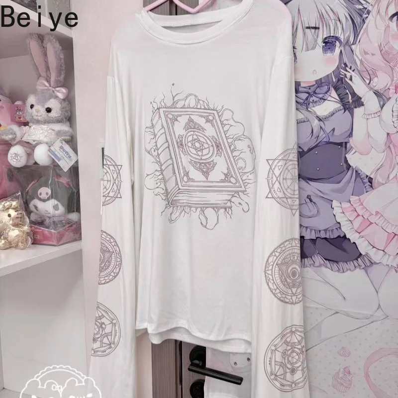 Harajuku Gothic Oversized Long Sleeve T Shirt Women Magic Pattern Print Grunge T-Shirts Female Punk Jirai Kei Loose Tee
