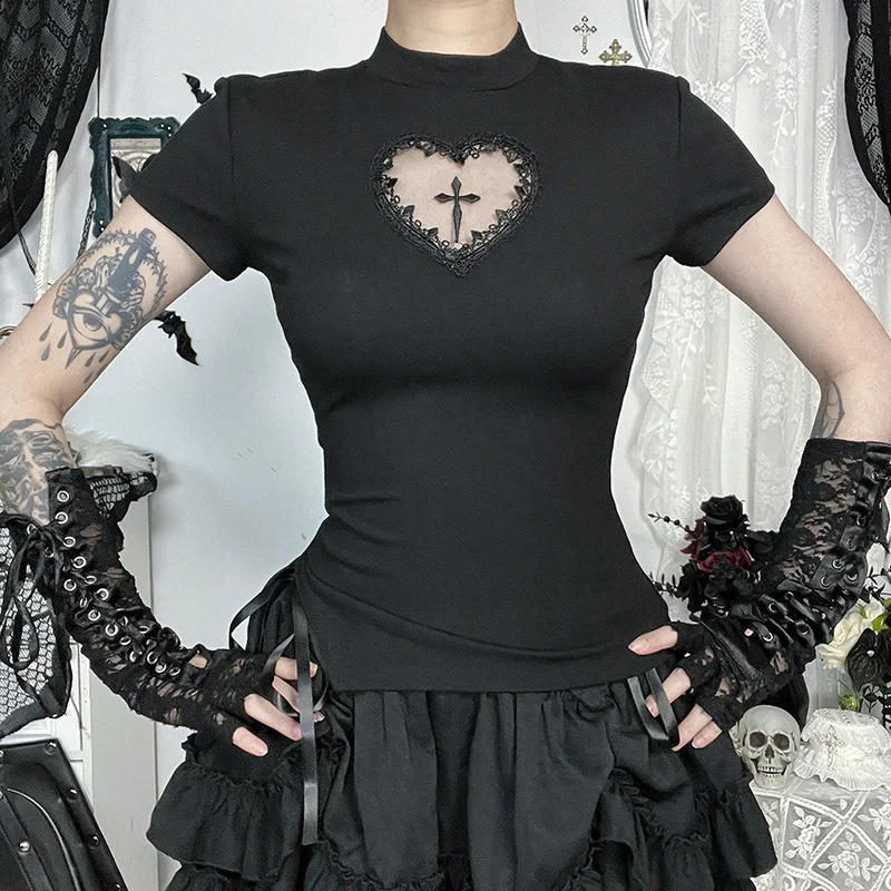 Goth Dark Mall Gothic Cross Hollow Out Short Sleeve T-shirt Women