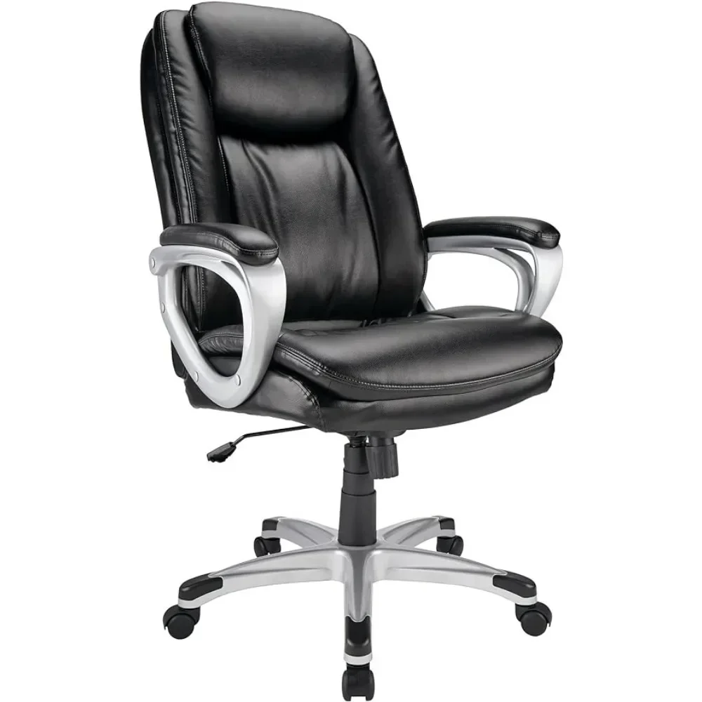 Tall office and conference room chairs with adhesive leather high back, capable of bearing 275 pounds in black/silver