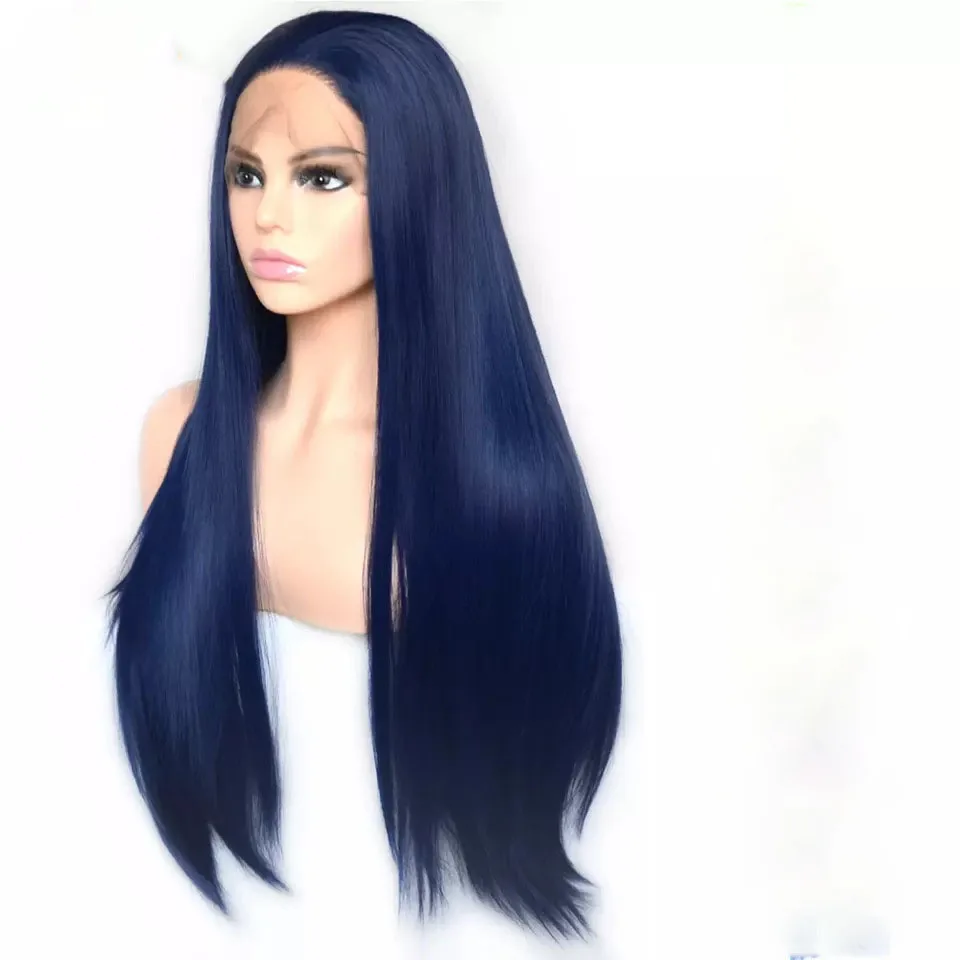 Soft Long Dark Blue Silk Straight Lace Front Wig 26Inch 180Density For Black Women Baby Hair Glueless Synthetic Preplucked Daily