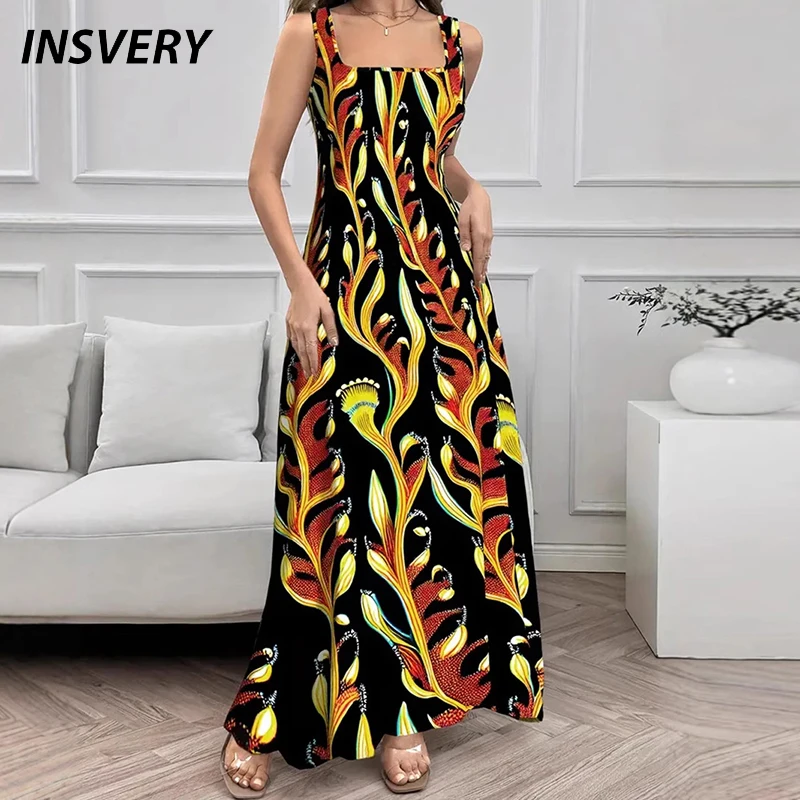 Vintage Printed Party Dress Women Elegant Sleeveless A-line Long Dresses For Women Beach Holiday Dress Boho