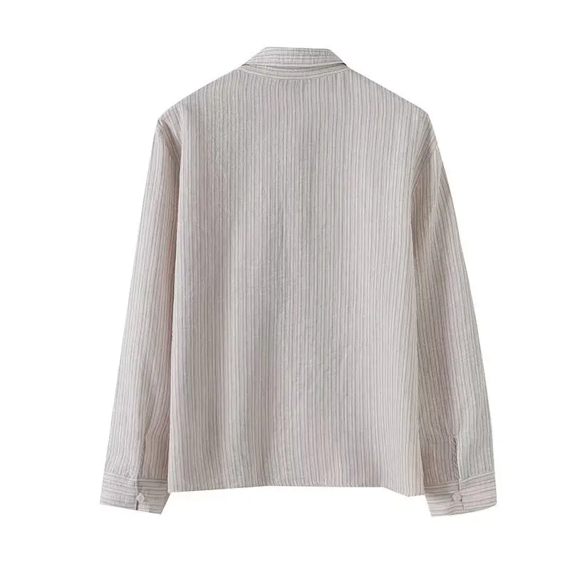 Verano 2025 Csa de Mujer a Rayas ra de Lino Puro con Cuello Csero de Manga Larga Versátil de Ajuste Hoado y Largo...