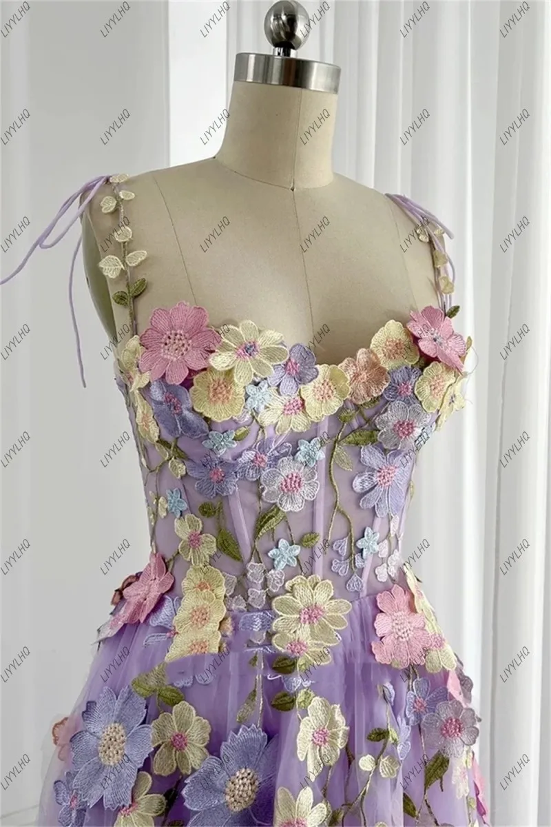 Sparkly Floral Embroidered Applique Prom Dress Popular Lavender Mid-length Vestidos De Noche Girls Tulle Sweet Party Dress