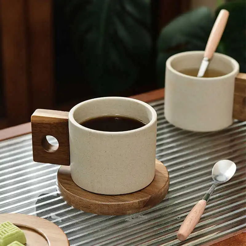 

300ml Retro Japanese Ceramic Coffee Cup Plate Sets Office Splicing Deisgn Water Cup High-end Mug With Wooden Dish Spoon Set