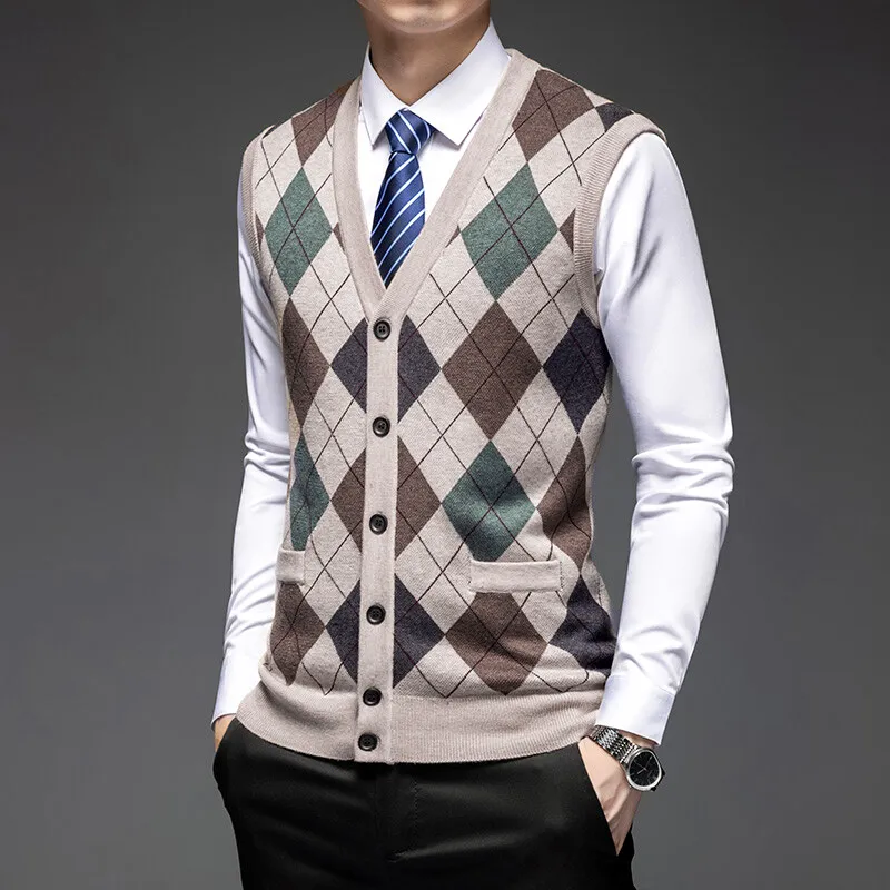 

New Spring Autumn Men's Knit Smart Casual Vests Fashion Patchwork Sleeveless Slim Fit V-Neck Knitted Pullovers Men Sweater Vest