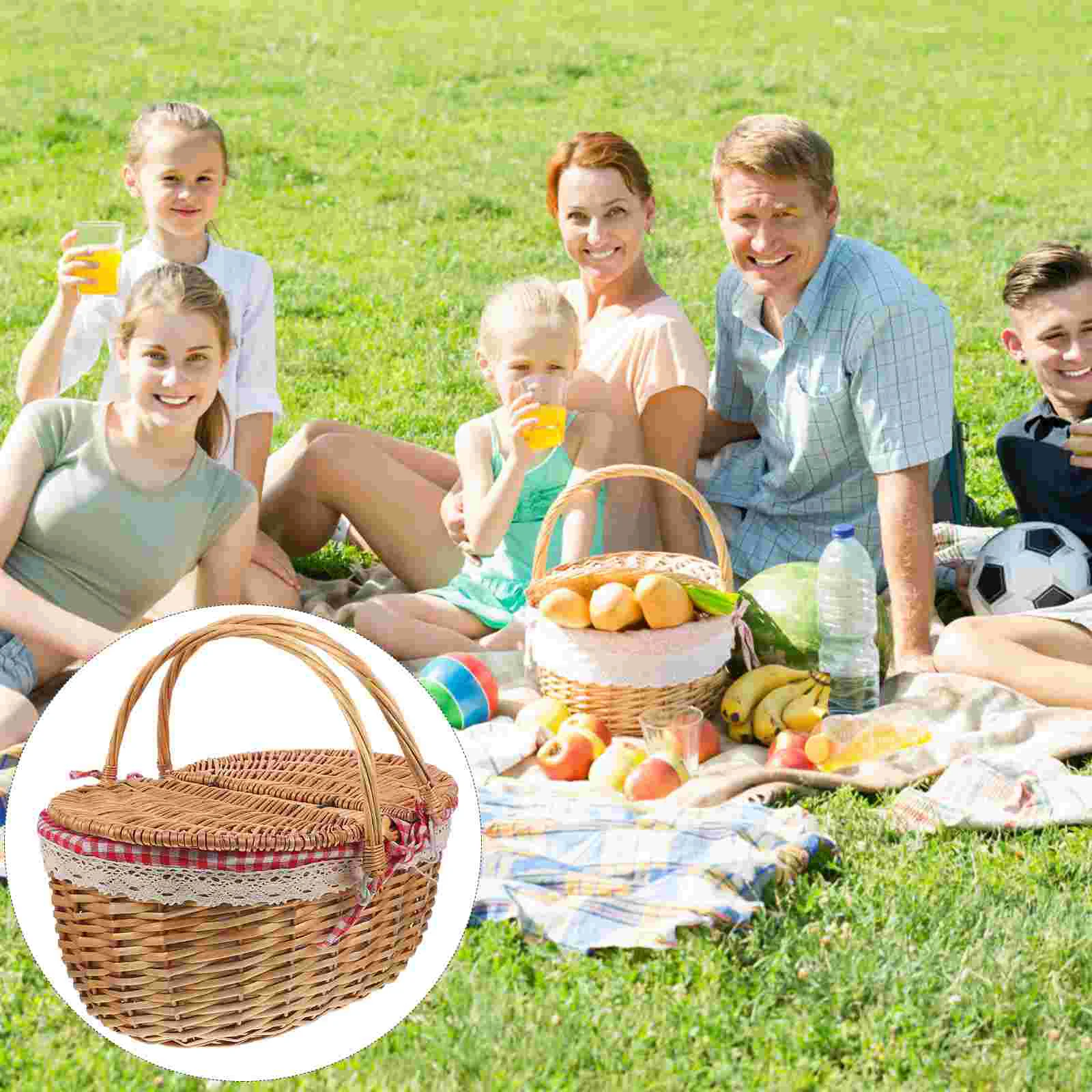  Rattan Picnic Basket Wicker Baskets Bulk Hamper with Lid Beach Woven Cloth Liners Travel view 6