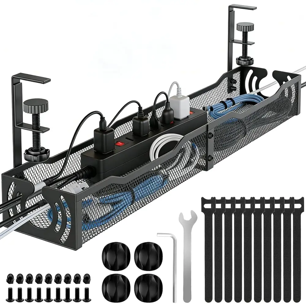 

Органайзер для кабелей, 25,3-дюймовый лоток для кабелей под столом без сверления, металлический органайзер для проводов с зажимом для организации кабелей, коричневый