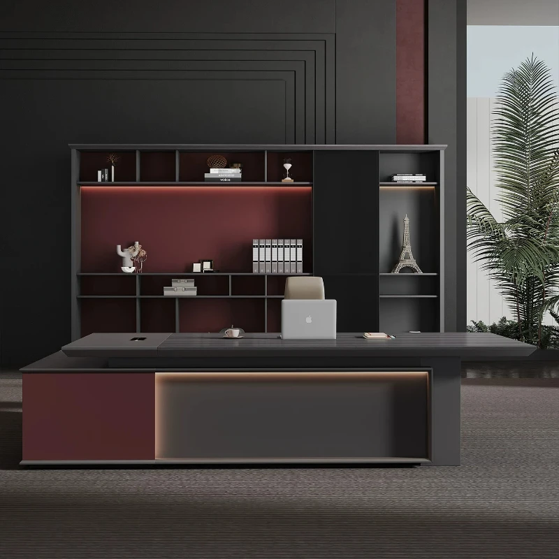 T*-Cable Management & Premium Black Wood Boss Desk with Wine Red Side Cabinet, LED Light for High-End Commercial Use*-