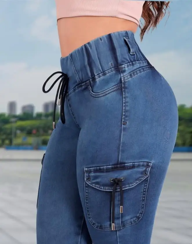 Women's Casual Stylish High Waist Capri Pants Denim Fabric with Cargo Pockets and Drawstring Design Pants