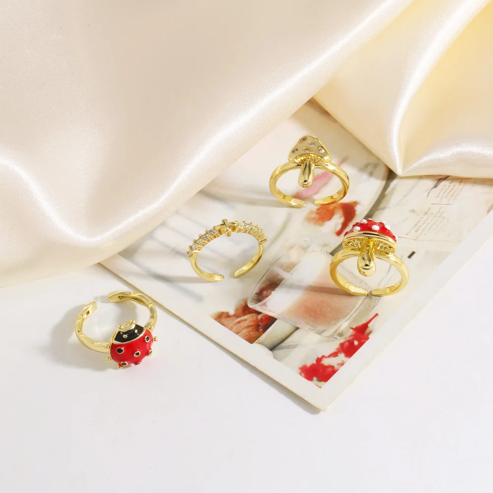 OCESRIO Red Enamel Ladybug Mushroom Statement Women Rings Copper Gold Plated Crystal Open Ring Women Fashion Jewelry rigj18