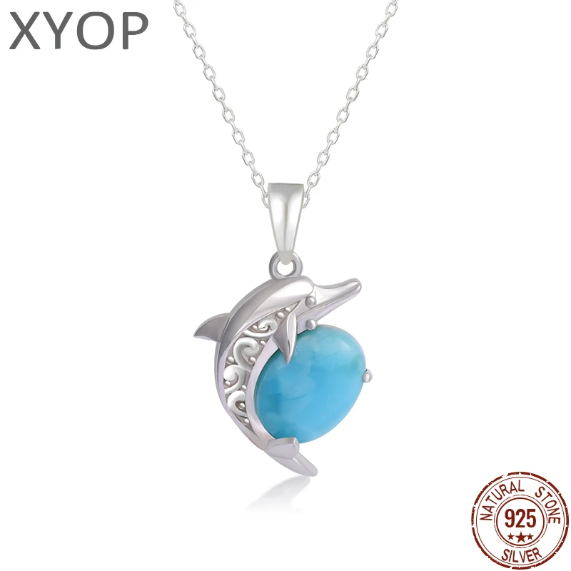 

Larimar Fine Jewelry Rhodium Plated 925 Sterling Silver Sets Classic Fashion Pendant Necklace Natural Woman Dolphin Sea Life