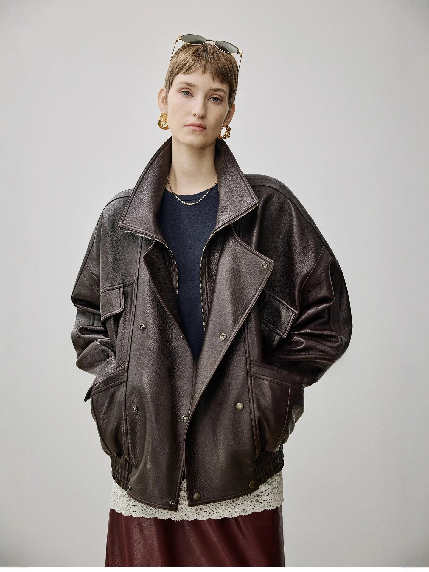 Trench da donna in pelle, pelle retrò in pelle di pecora importata, risvolto a doppio strato, linea divisoria, giacca in pelle silhouette