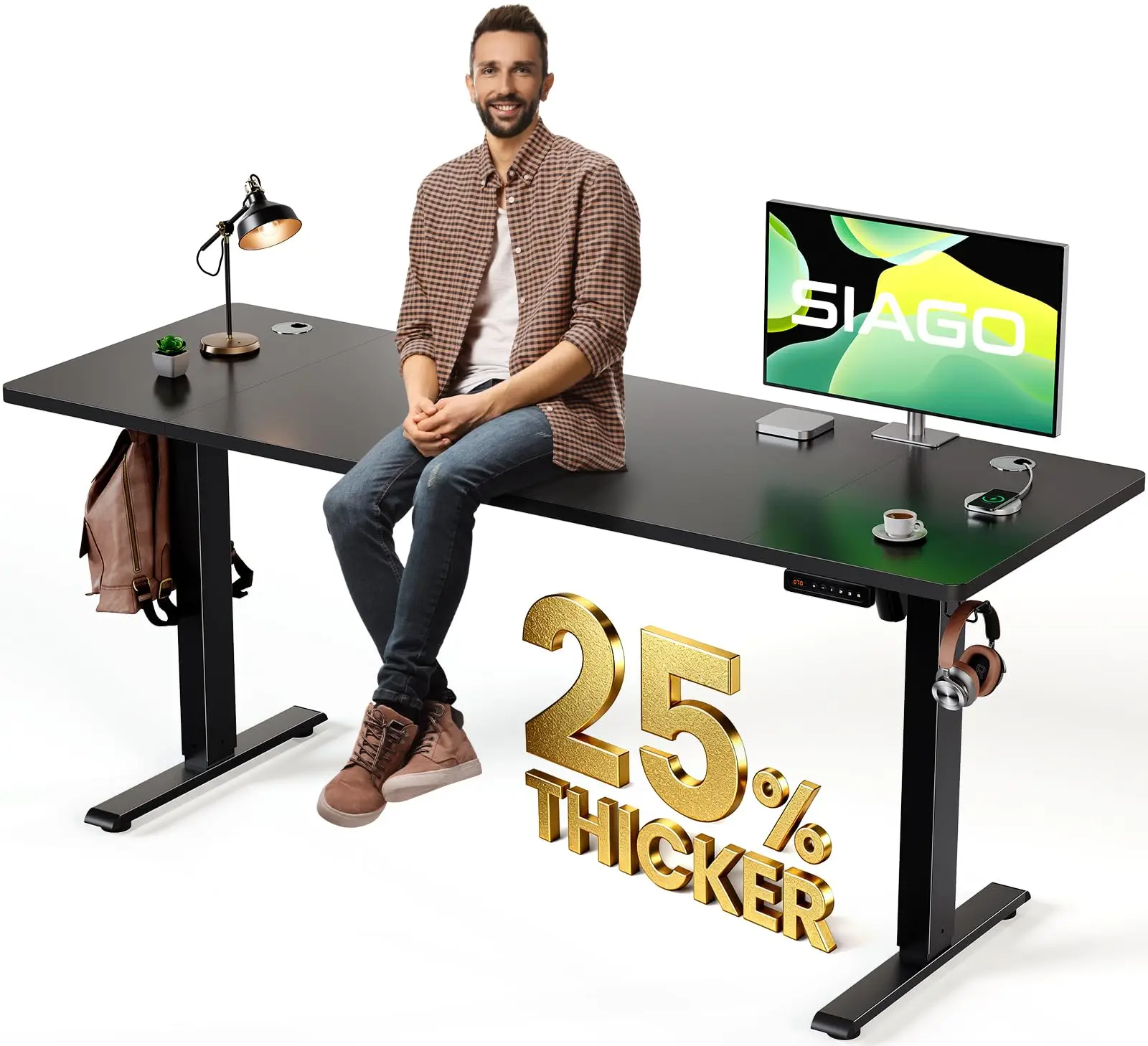Electric Standing Desk Adjustable - 63 x 24 Inch Sit Stand up Desk with Cable Management - 3 Memory Preset Adjustable