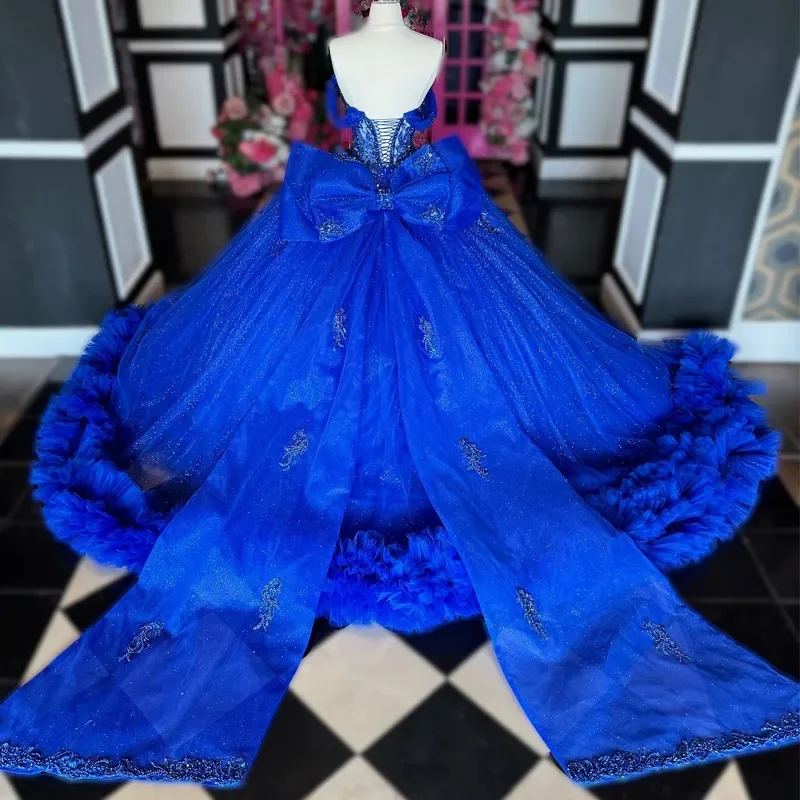 Vestidos Quinceanera azuis reais para meninas, miçangas de renda, arco Tull, camadas para 15 anos, festa de aniversário, princesa do baile, 15 anos