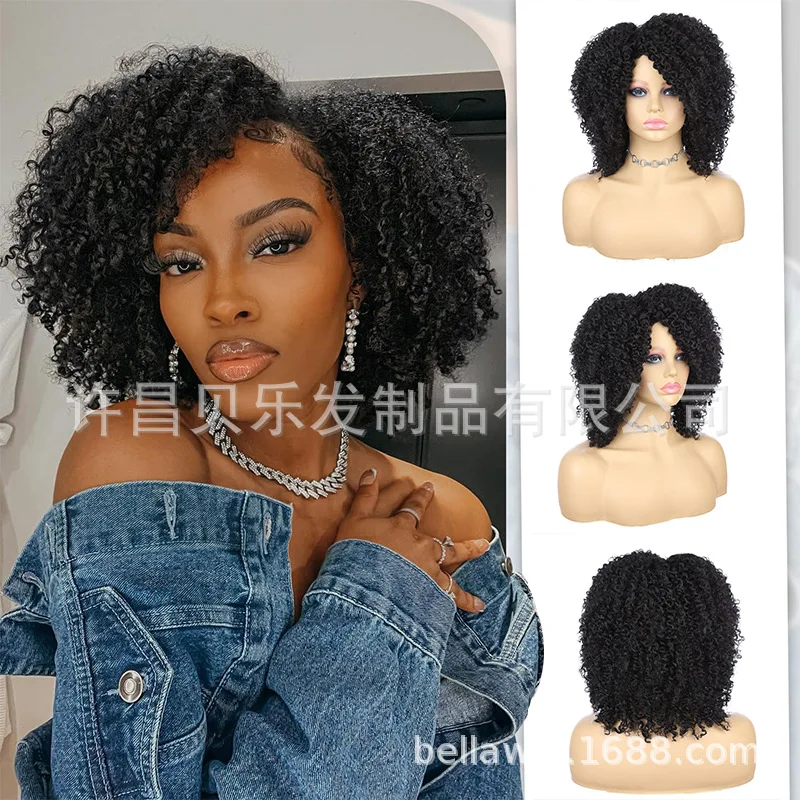 Synthetic Short Wavy Wig for Women, Natural Black Side Part, Medium Curly Cosplay Party Costume Wigs, Cute Baby Curl Hairpiece