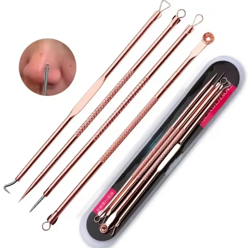 

4-piece set of stainless steel acne extractors for closed comedones, home cleaning tools full set