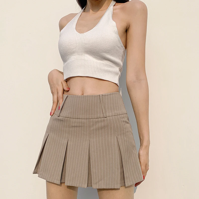 2023 Women Korean High Waist Y2K Pleated Skirts Harajuku Kawaii Fashion Striped Khaki Mini Skirt Summer Solid Aesthetic Outfit