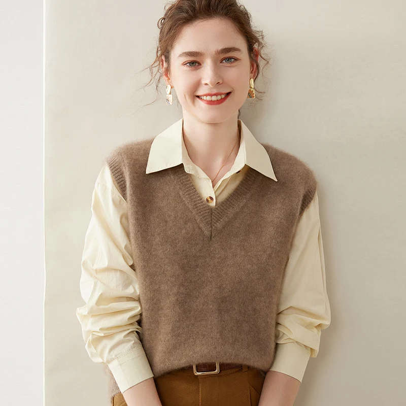 2024 Spring Autumn New Women Waistcoat 100% Cashmere Knitted Pullover Vest V-Neck Sleeveless Sweater Female Soft Warm Outwear