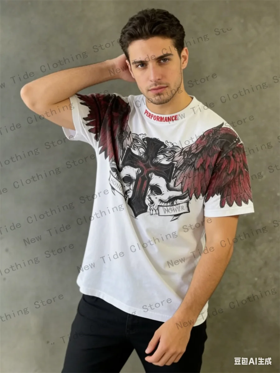 

Летняя мужская футболка в европейском и американском стиле, дышащая и удобная, с круглым вырезом, с принтом «крылья и крест», для активного отдыха, модель 1