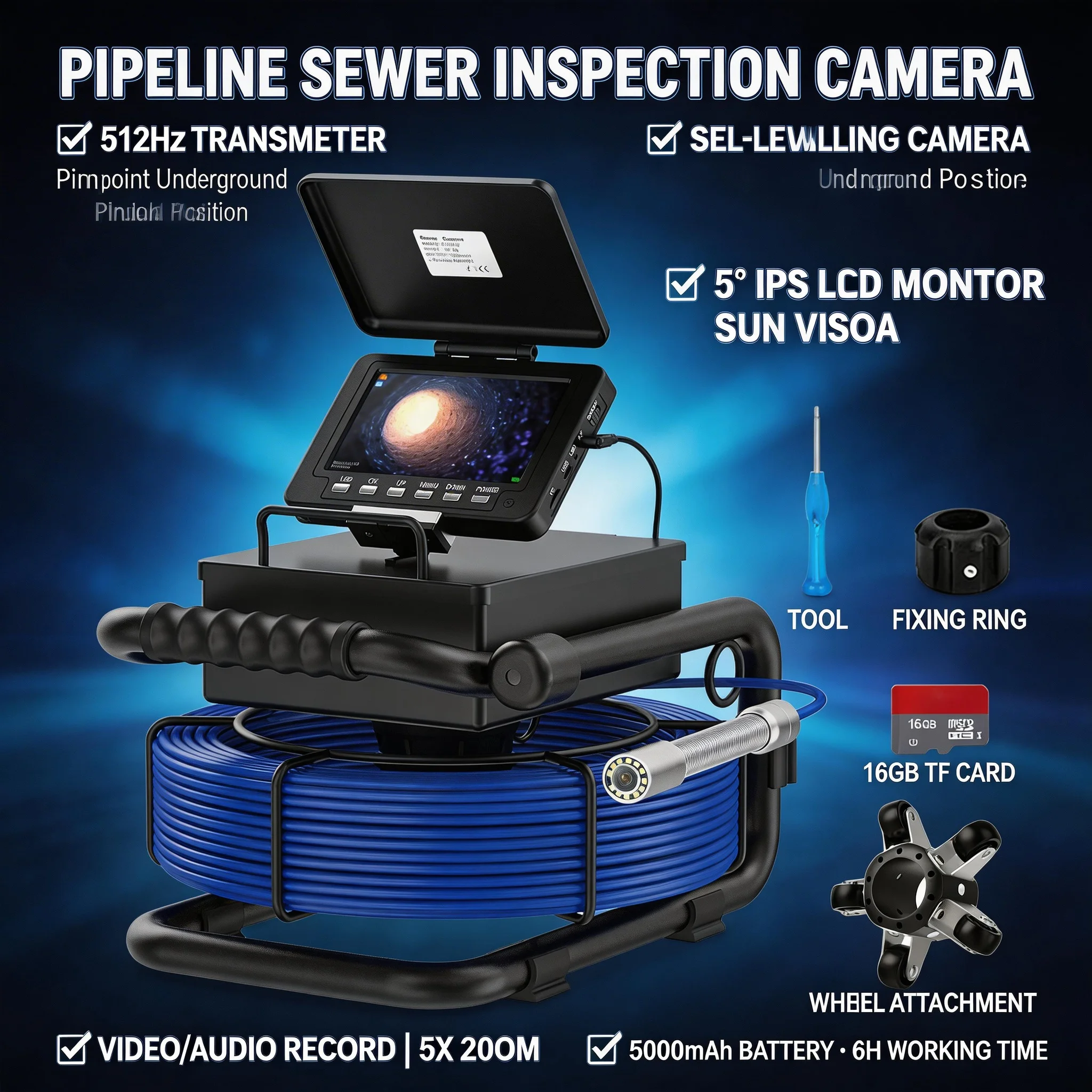

5"Self-Leveling/512Hz Pipe Sewer Drain Inspection Camera 1080P AHD DVR 20M Fiber Cable 16GB 5000mAh Battery Video/Audio Rec
