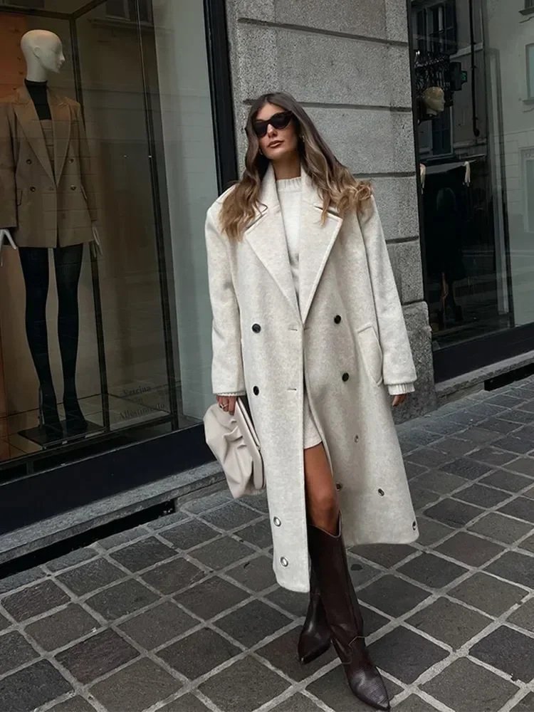 Solid Double Breasted Lapel Wool Blend Overcoat Women Fashion Lapel Long Sleeved Pocket Long Coat 2024 Chic Lady Street Outwear