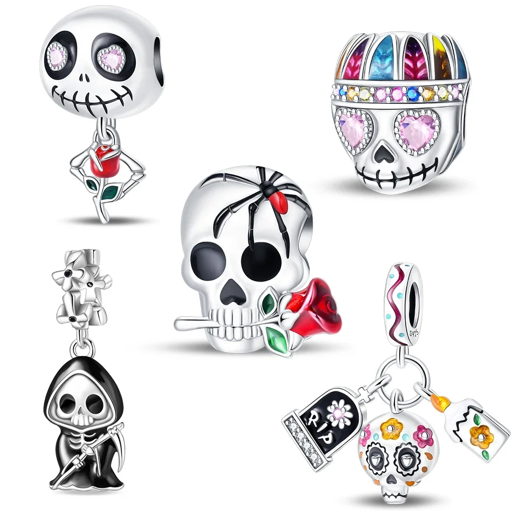 

New Grim Reaper & Imp Skull Beads Charm Fits Original Bracelet & Necklace For Kids 925 Sterling Silver Bangle Halloween Pendant