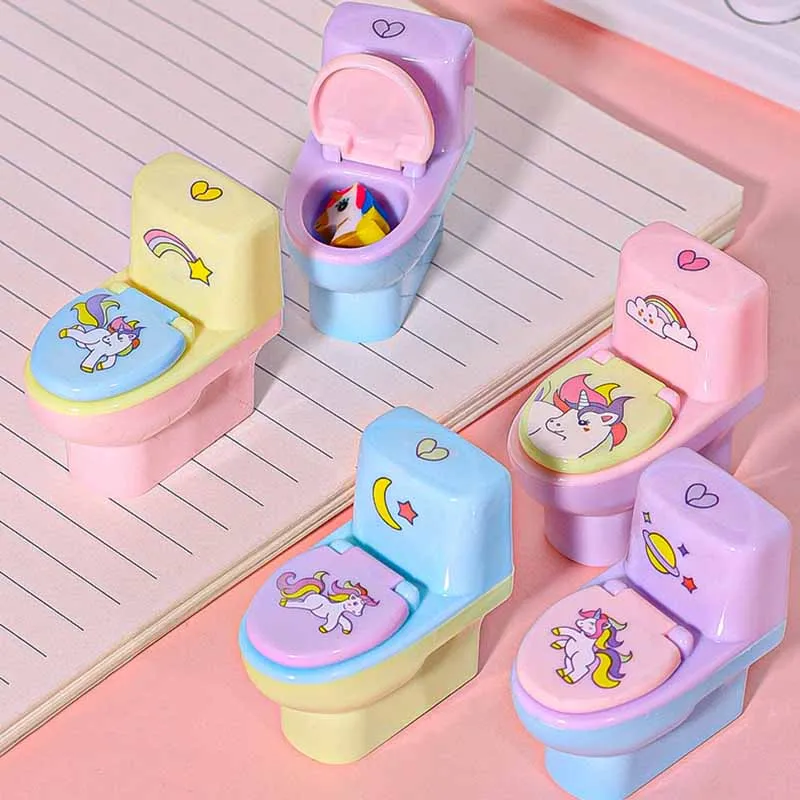 5Pcs Simulation Toilet Cartoon Student Pencil Sharpener Toy Cute Mini Toilet Shape Pencil Sharpener With Eraser Stationery Gifts