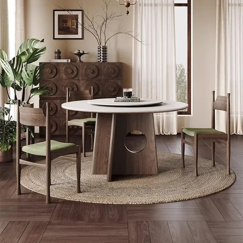 Round Slate Dining Table Ash Walnut Solid Wood Italian Nordic Style Small Apartment Medieval Wabi Sabi Design