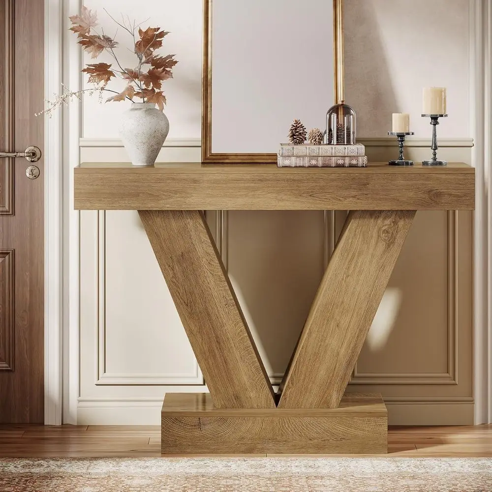 Mesa de entrada con patas en V, 41,3 de alto, adecuada para salón, pasillo y entrada, acabado marrón