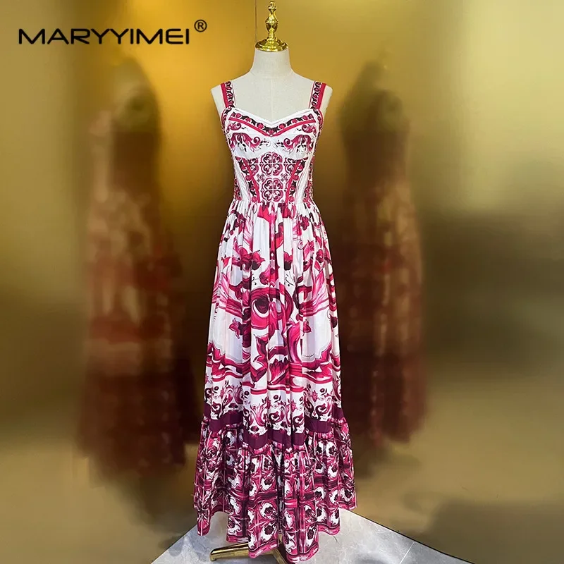 

MARYYIMEI Fashion Women Pure cotton dress Spaghetti Strap Print long Dresses
