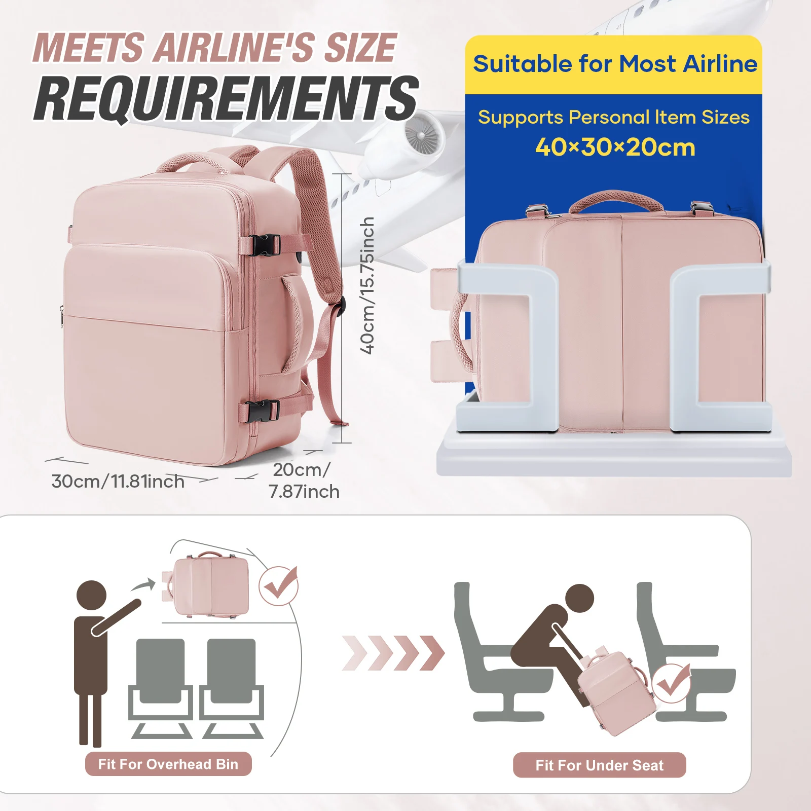 حقيبة ظهر للسفر على شكل طائرة مقاس 40 × 30 × 20، حقيبة ظهر بمقصورة Wizzair مقاس 40 × 30 × 20 حقائب كمبيوتر محمول للرجال والنساء مقاس 15.6 بوصة #5