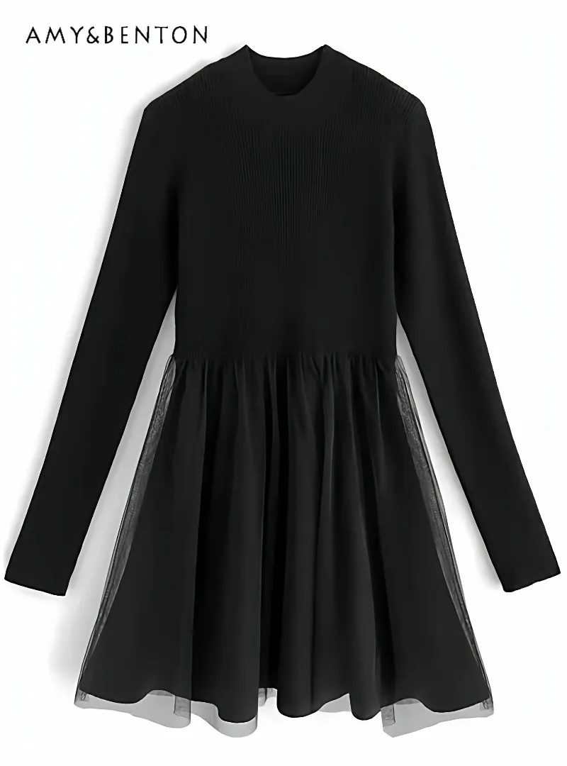 

Новое японское платье GRL: элегантное мини-платье А-силуэта с круглым вырезом, однотонное, с прозрачными вставками, вязаное, для женщин, подчеркивающее фигуру