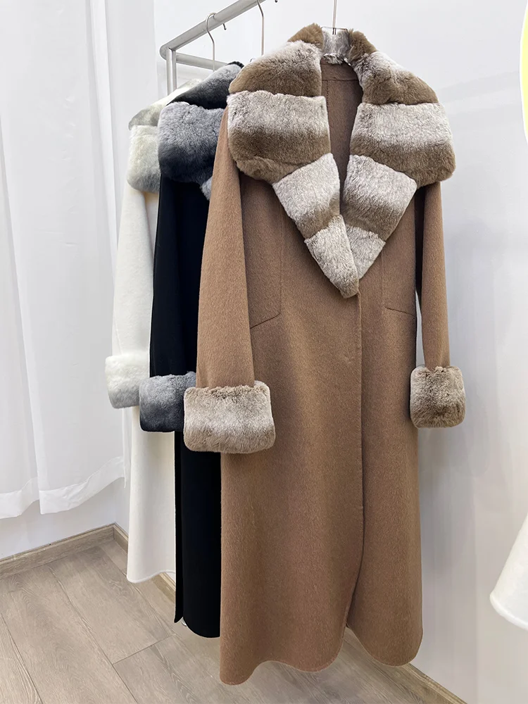 2025 New Winter Women Natural Rex Rabbit Fur Collar Wool Woolen Jacket Cashmere Long Casual Real Fur Coat