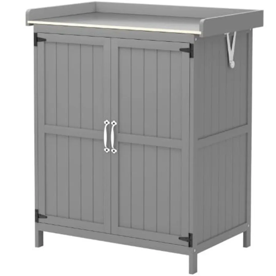 Outdoor Potting Bench With Wooden Frame, Gray Finish, 2-Door Storage Cabinet For Garden Tools, Metal Tabletop And Shelf
