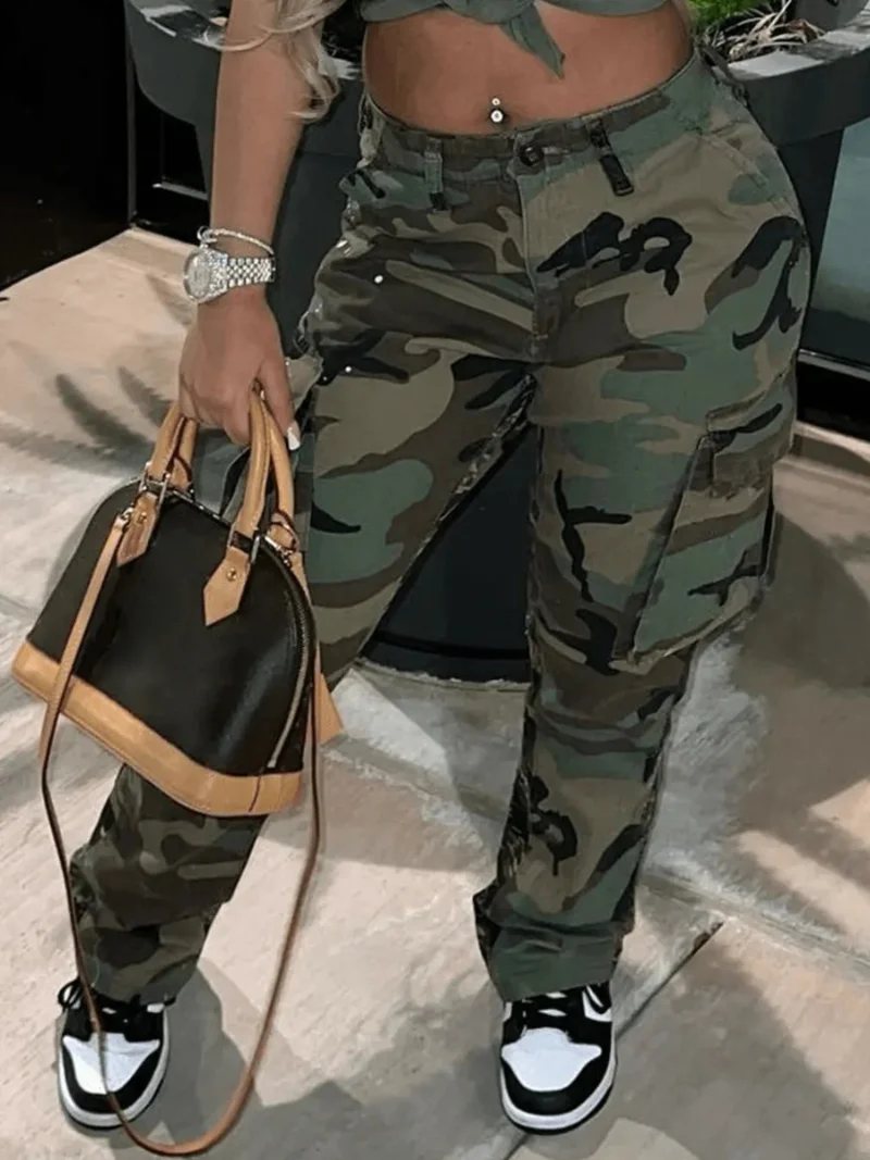 Camouflage Mid Waist Casual Camo Pants Regular Leisure Lady Pants 2023 New Women Plus Size Camo Print Side Pocket Cargo Pants