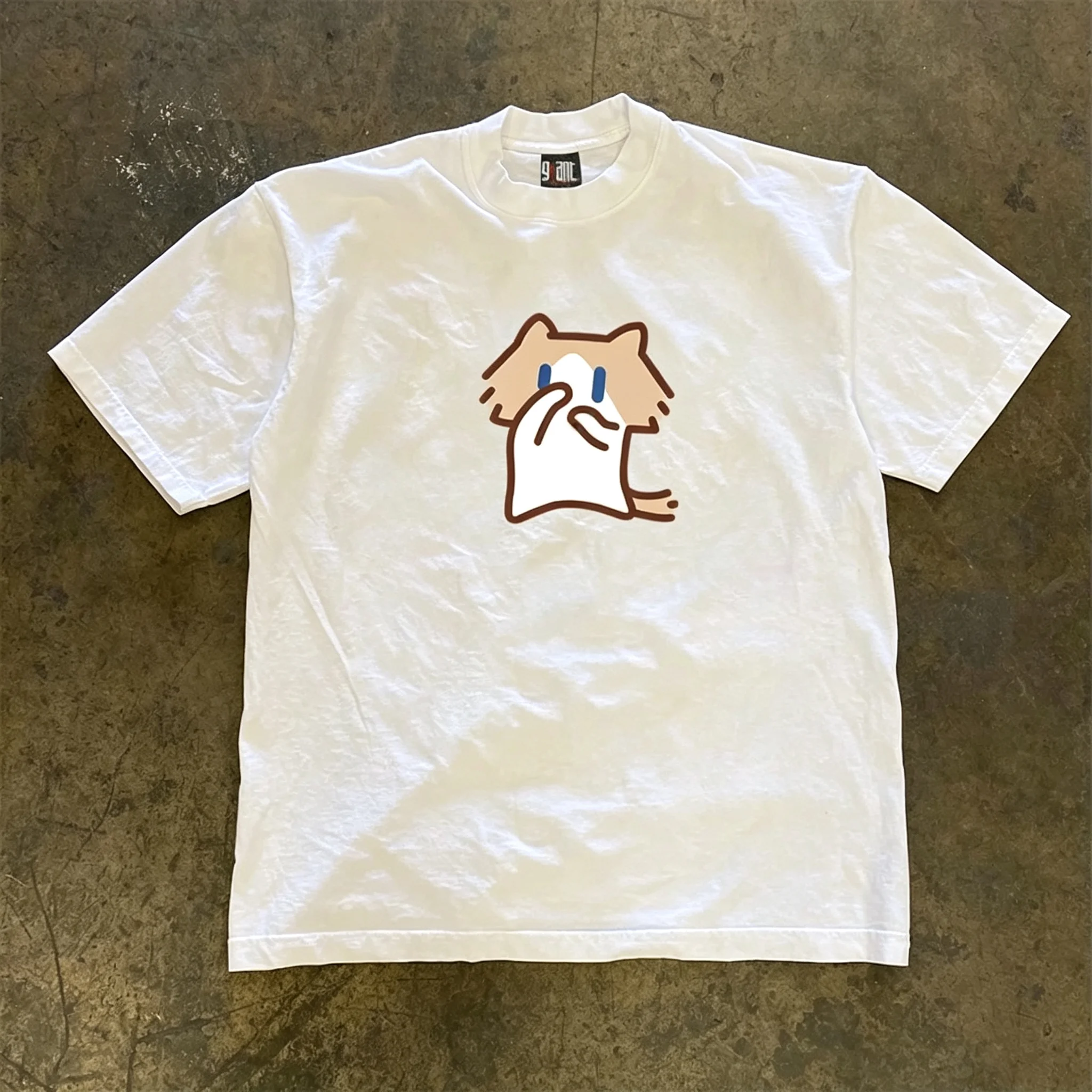 Facepalm Cartoon Cat Graphic Cotton T-Shirt Chest Print White Unisex Crew Neck Short Men's T-Shirt Cute Women's T-Shirt Y2K