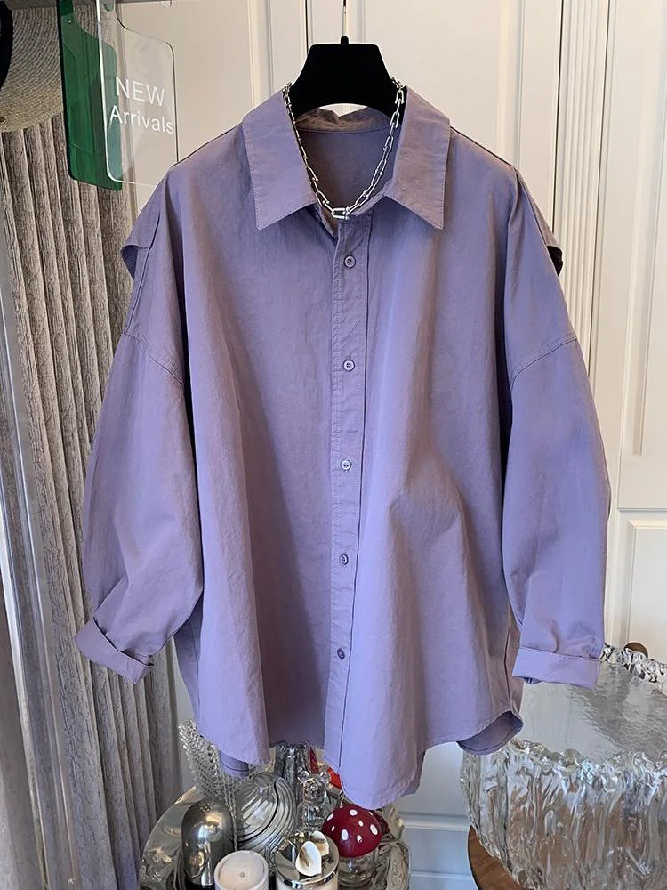 

2024 Spring New Purple Women Shirt Korean Style Solid Color Drop Sleeves Loose Chic Fashion Female Shirts Simple Casual Shirts