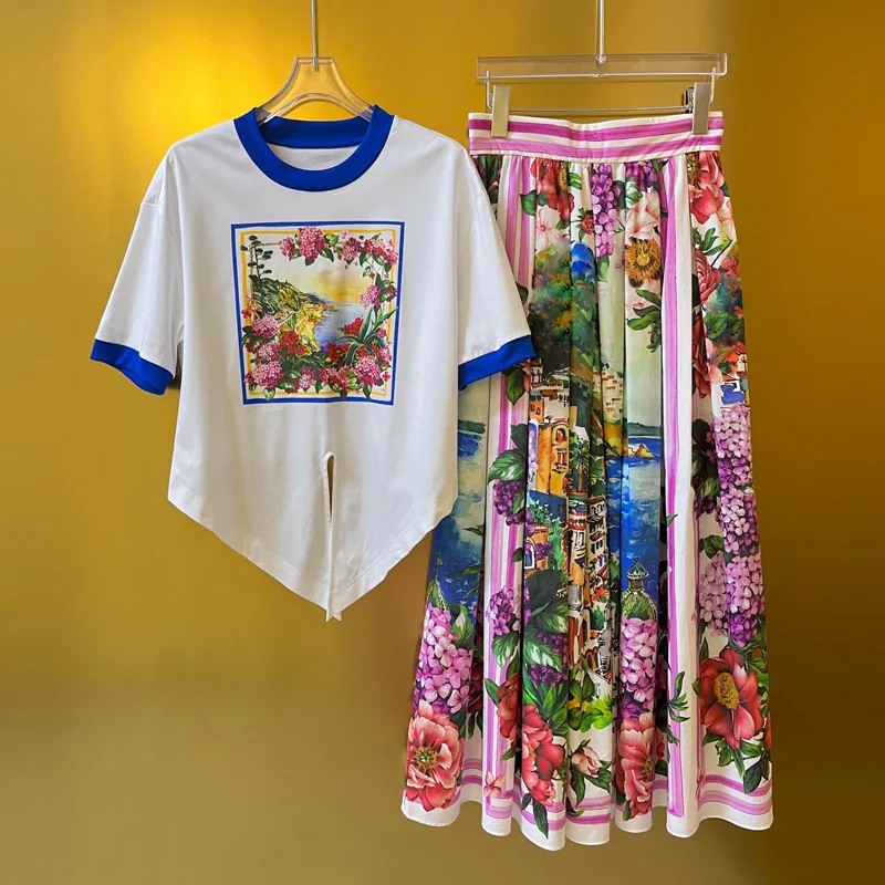 Quality Runway Summer Fall Flower Two Piece Set Women Skirts Suits Seaside Print Sexy Crop Tops T Shirts Long Maxi Skirt Outfits