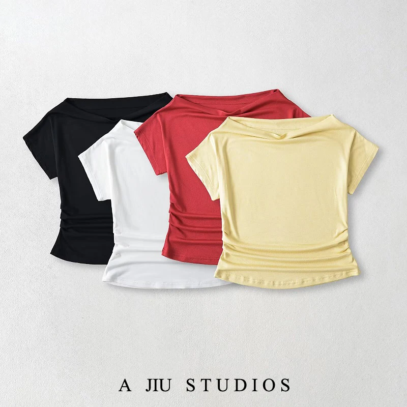 Sexy Spicy oulder Bared ort Sve T irt Women's Summer Slim Fit Pleated Waist Inward Wearing Street Sle Pure Color