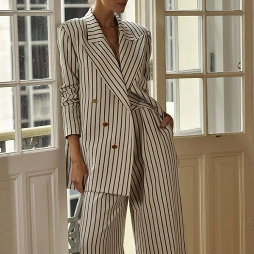 Fashion Stripe two Pieces Suit Set for Women Double Breasted Peak Lapel Jacket Pant Set Slim Fit Office Business Female Clothing