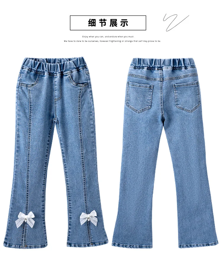 Elegante Kinder-Jeans mit Schlitz und Perlen für Mädchen, schmal geschnittene Denim-Hose mit Schleife, Kinderhose mit Schleife, Größe 5 6 7 8 9 10 11 12 13 14 – Detail 18
