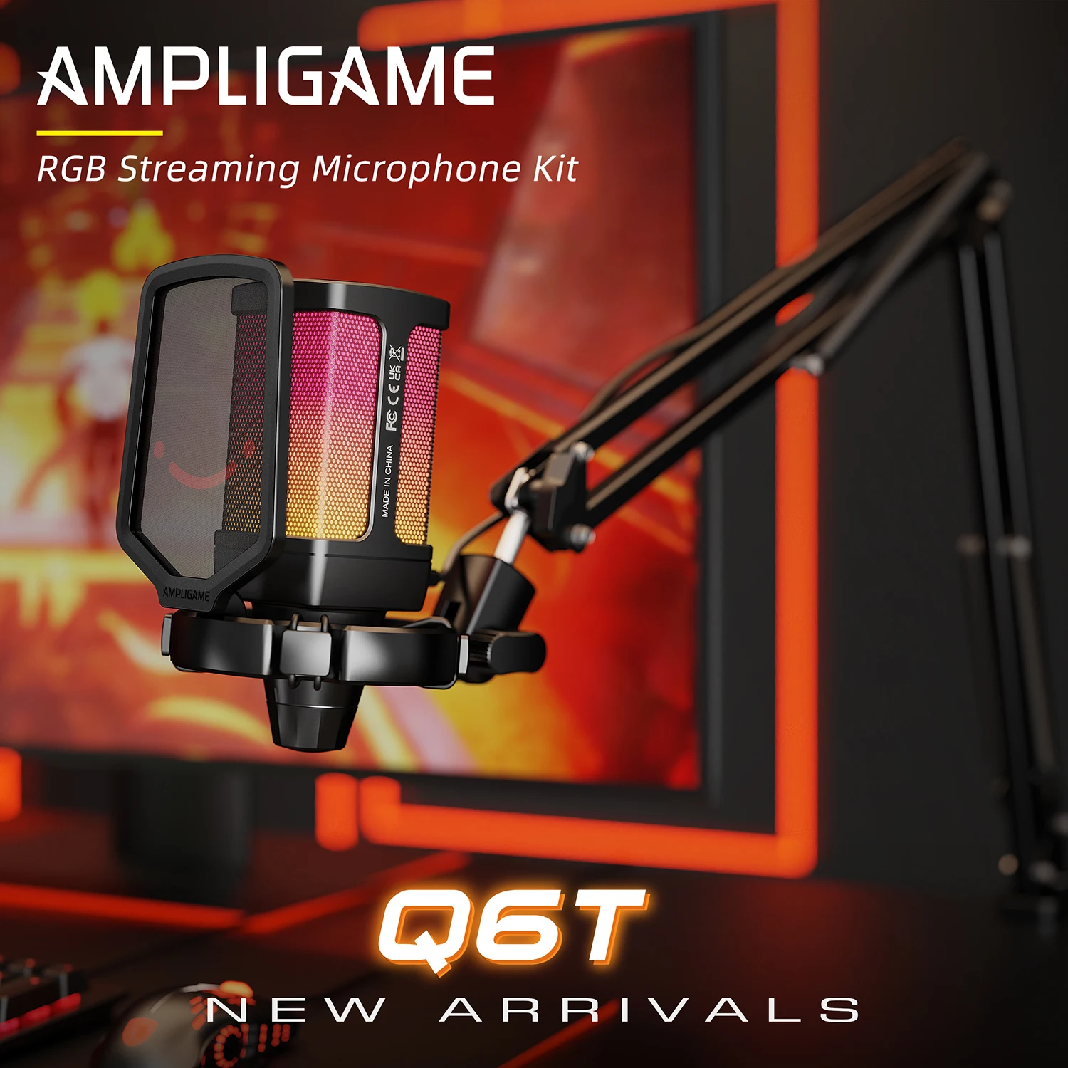 AmpliGame Gaming USB Microphone Set with Quick Mute,RGB Condenser Mic Kit with Vol Gain,Noise Reduction for Streaming,PC,PS5-Q6T