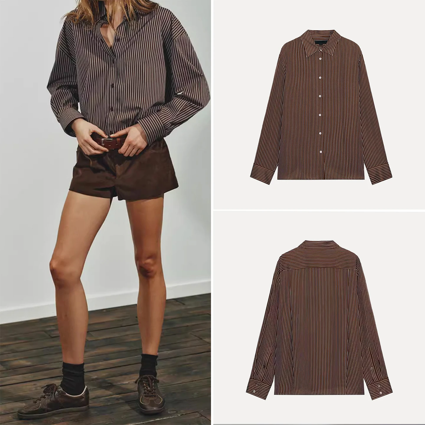 Z レディース ルーズ ロング スリーブ スタンドカラー マルチブルー カジュアル スタイル 2025 新作 秋 薄手 ストライプ柄