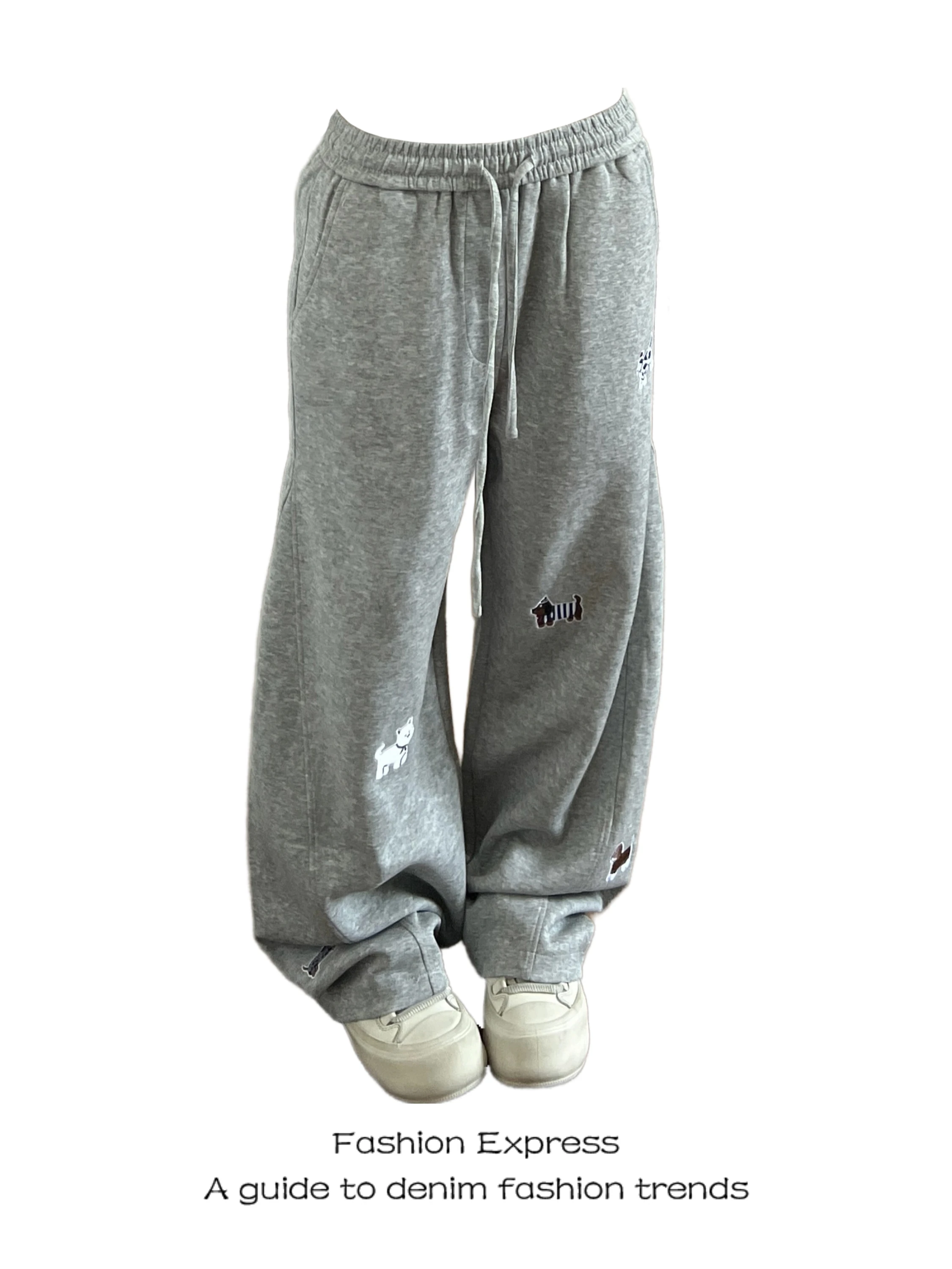 

ay Wide Leg Pants Women's Casual Straight Stitching Dog Patch Embroidery High Waist Loose Fit Spring Autumn Anti-Aging Fun