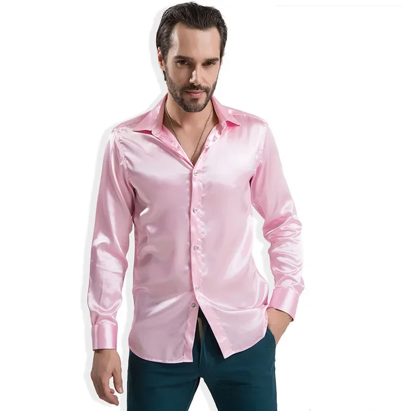 2024 Fashion Shiny Satin British Style Dress Shirt Luxury Ice Silk Long Sleeve Mens Casual Shirt Performance Clothing Wear Male