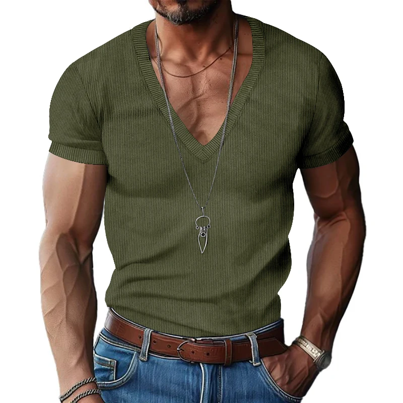 Men's corduroy T European and American summer men's clothing V-neck solid color slim fit casual T-shirt short sleeved top image 5
