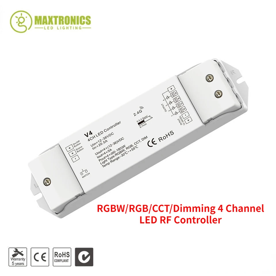 Skydance 12-36VDC 24V RGBW/RGB/CCT/Dimming 4 Channel LED RF Controller Receiver 4CH 5A/CH Push Dim /Multiple protection CV 4A