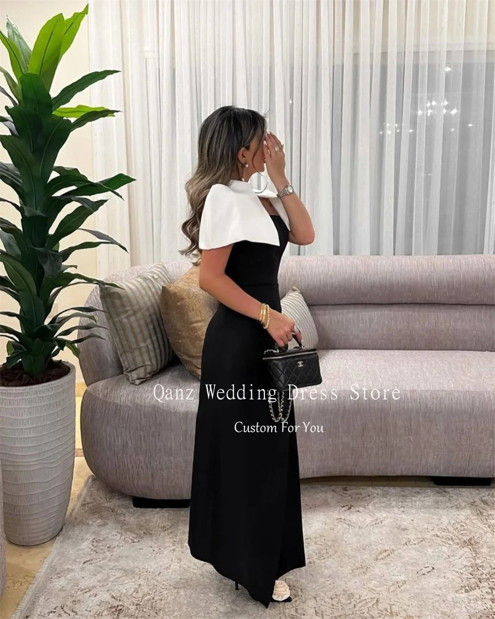 Qanz Vintage A Line Evening Dresses With Jacket Slit Formal Gowns Women Elegant Black Satin Special Occasion Dress Customized