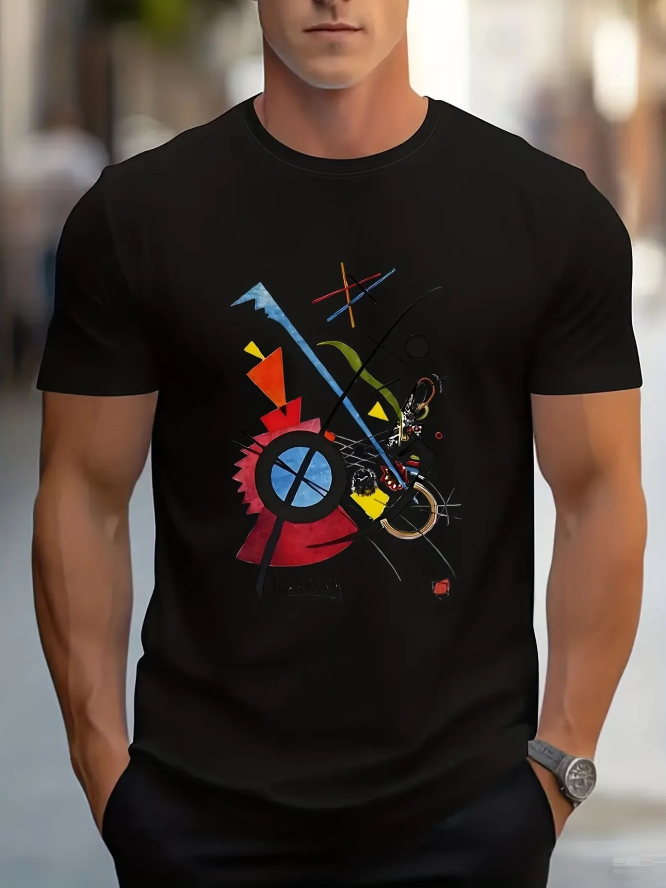 Men'S Print T-Shirt Featuring Kandinsky'S Abstract Art, Designed for Art Enthusiasts. It Embodies Avant-Garde Aesthetics with Vi